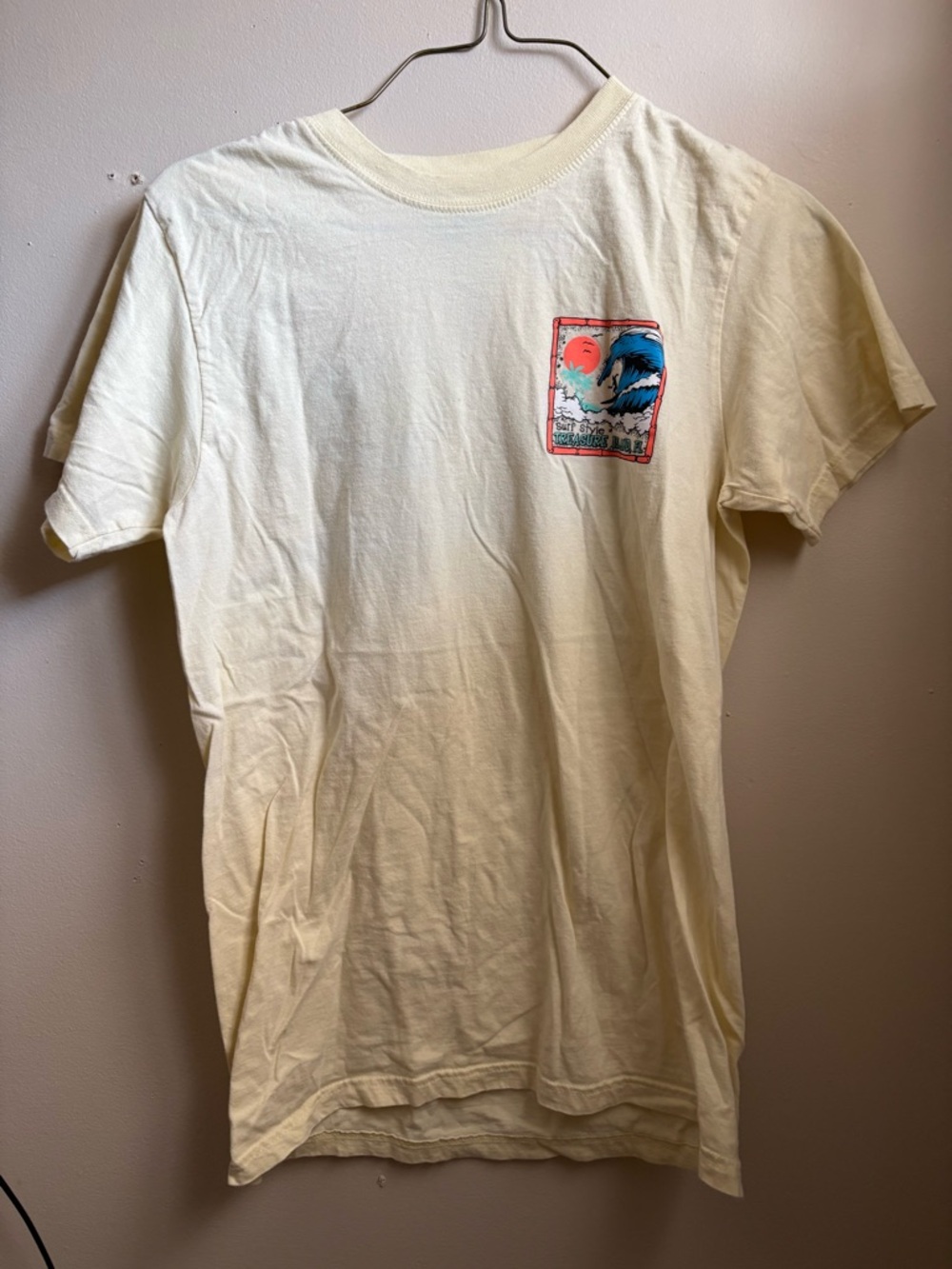 surf style Cream Crewneck Tee with Small Surf Graphic